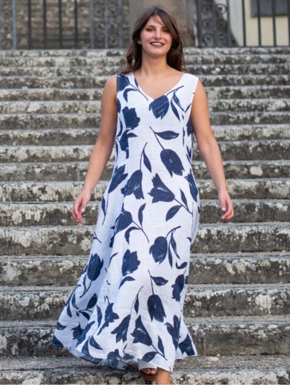 Luca Vanucci Tulips V Neck Linen Dress Sz: M